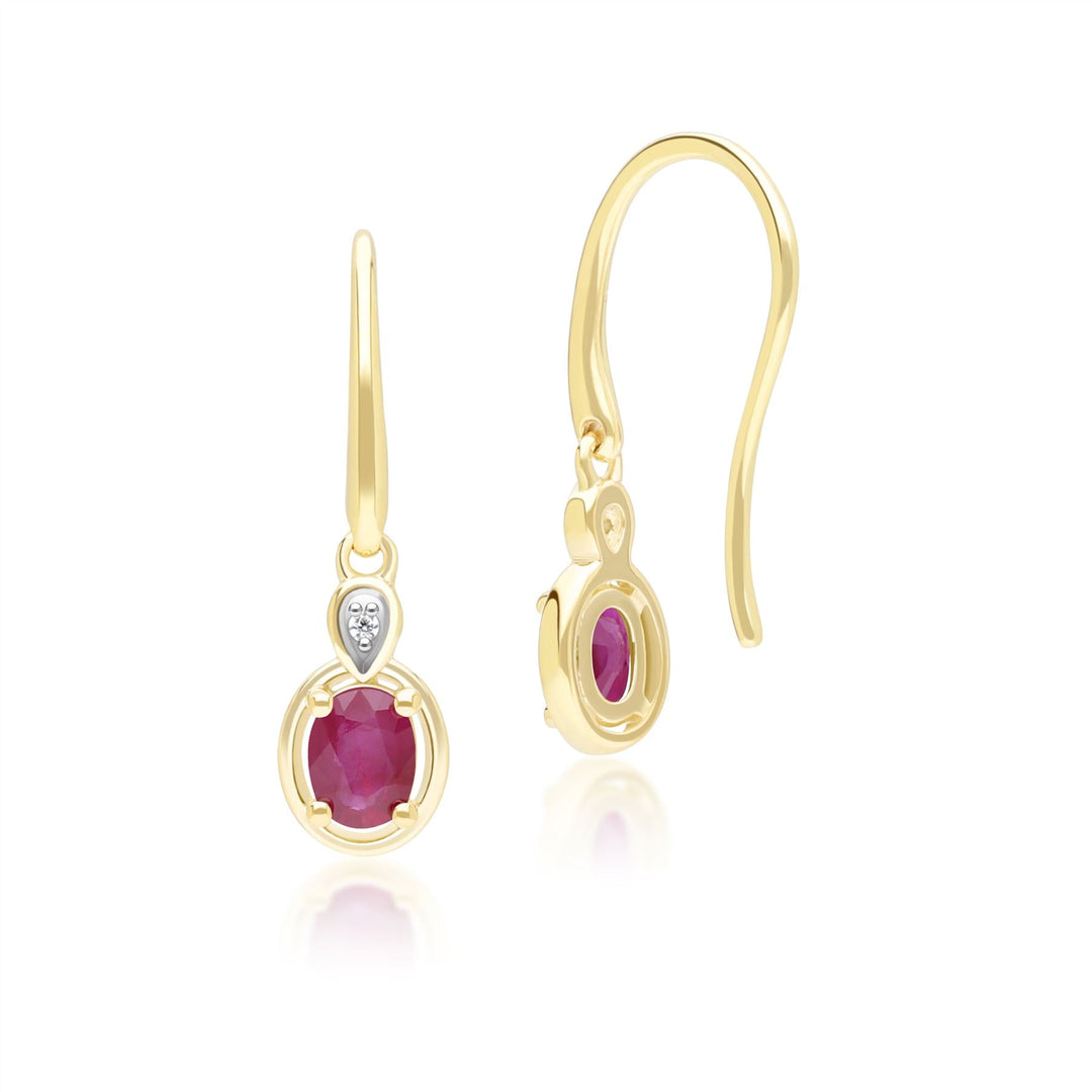 Pendientes colgantes clásicos de rubí ovalado y diamante redondo en oro amarillo de 9 quilates