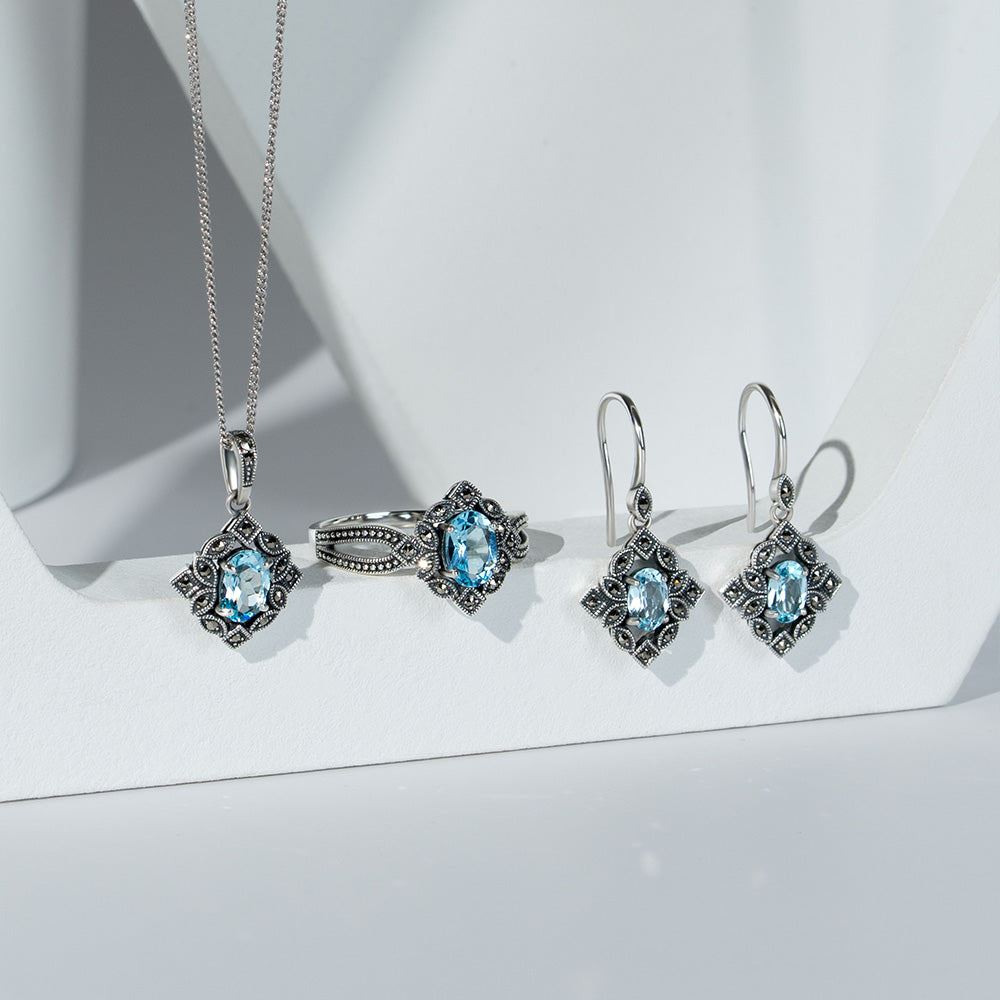 Art Deco Style Oval Blue Topaz & Marcasite Drop Earrings in Sterling Silver