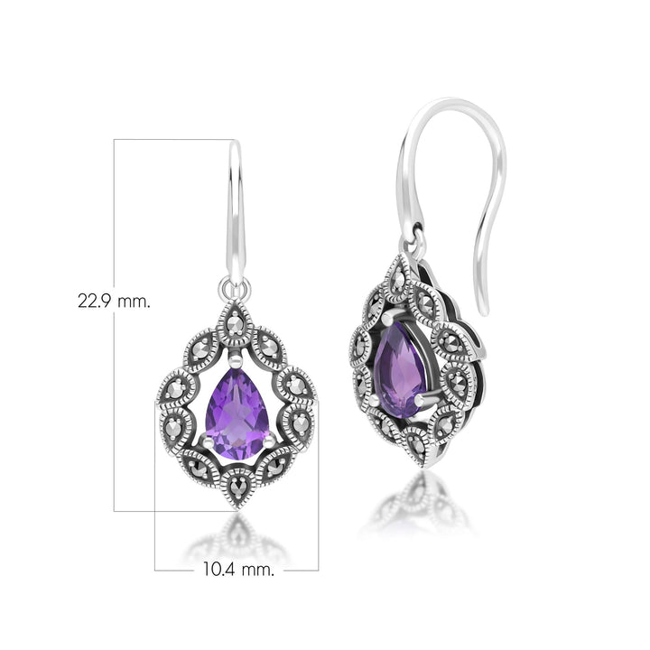Pendientes colgantes de amatista y marcasita estilo Art Déco en plata de ley.