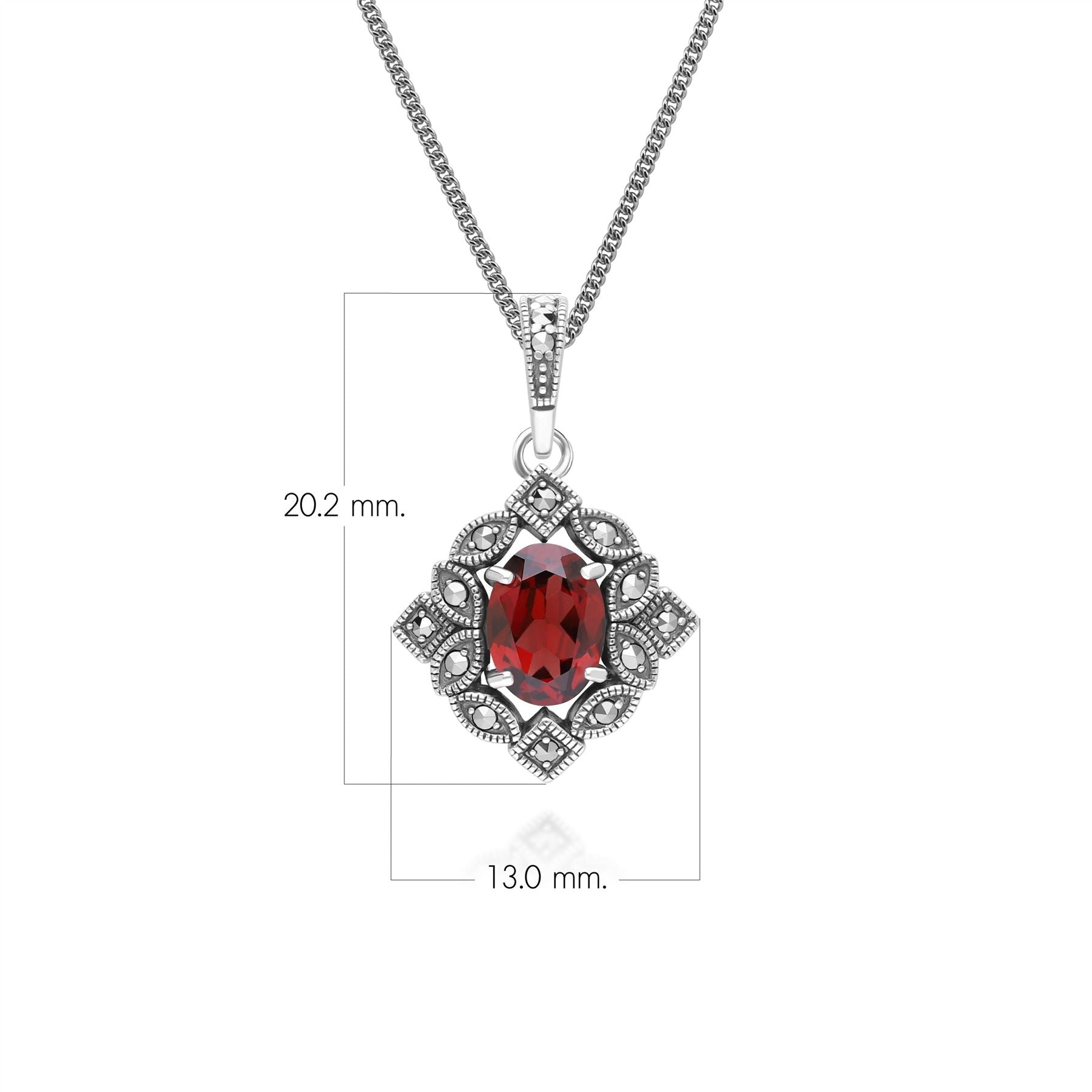 Art Deco Style Oval Garnet & Marcasite Pendant Necklace in Sterling Silver