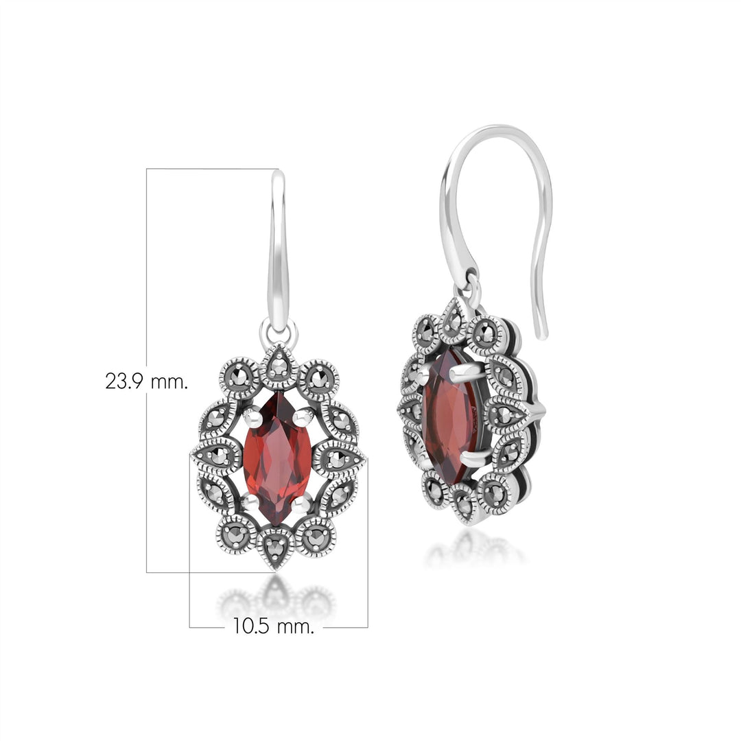 Pendientes colgantes de granate marquesa y marcasita estilo Art Déco en plata de ley