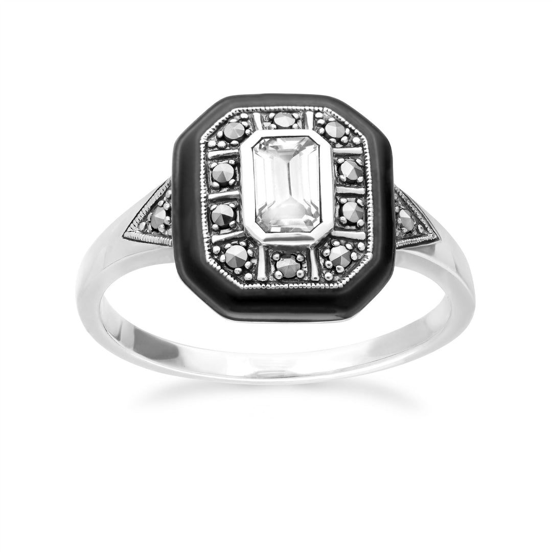 Anillo cuadrado de topacio blanco, esmalte y marcasita de inspiración Art Déco