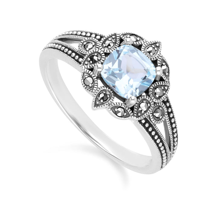 Anillo Art Déco con topacio azul y marcasita en plata de ley