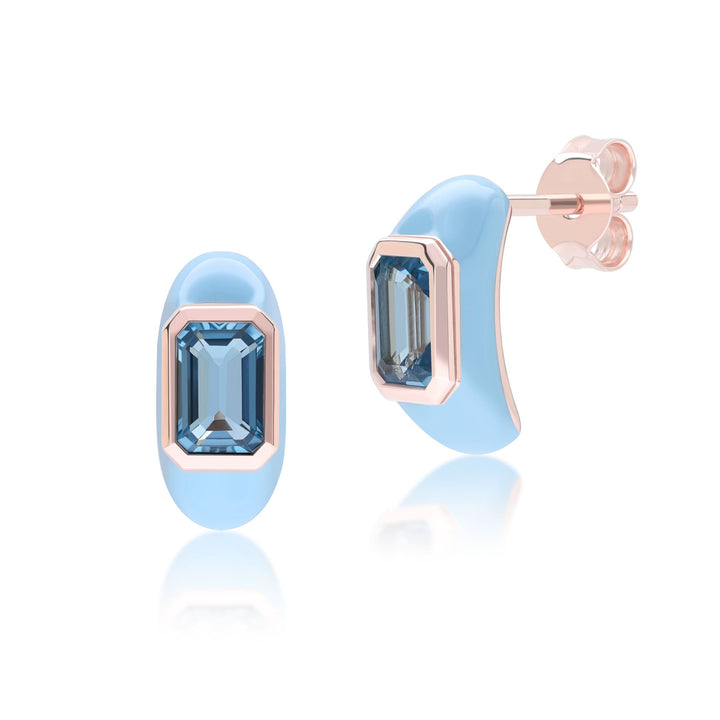 Pendientes de medio aro con esmalte azul y topacio azul cielo octagonal de Vals Siberiano en oro vermeil rosa