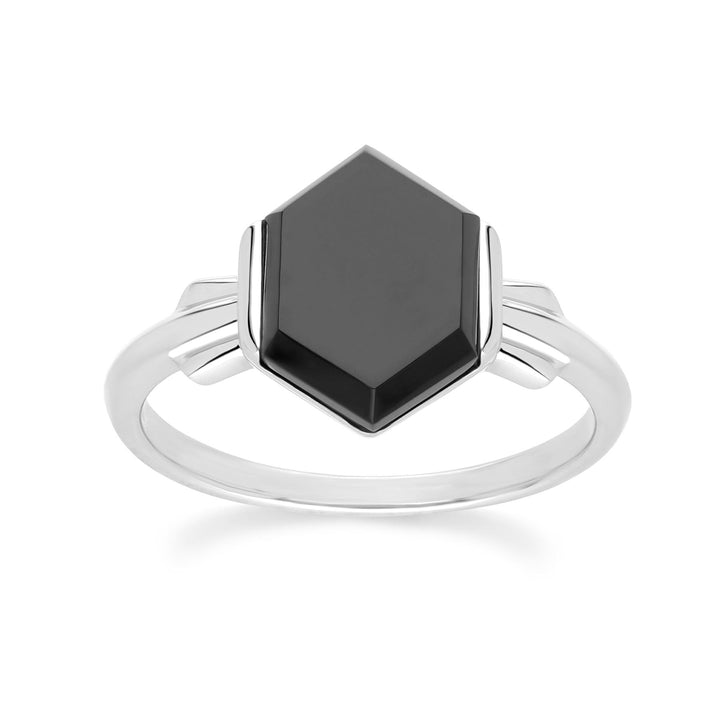 Anillo hexagonal Grand Deco de ónix negro en plata de ley