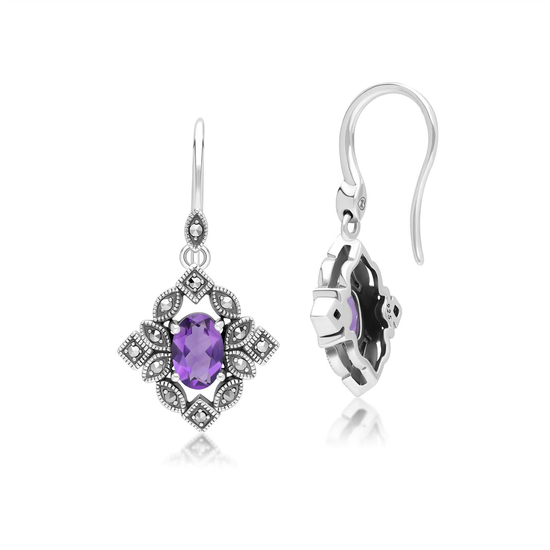 Pendientes colgantes ovalados de amatista y marcasita estilo art déco en plata de ley.