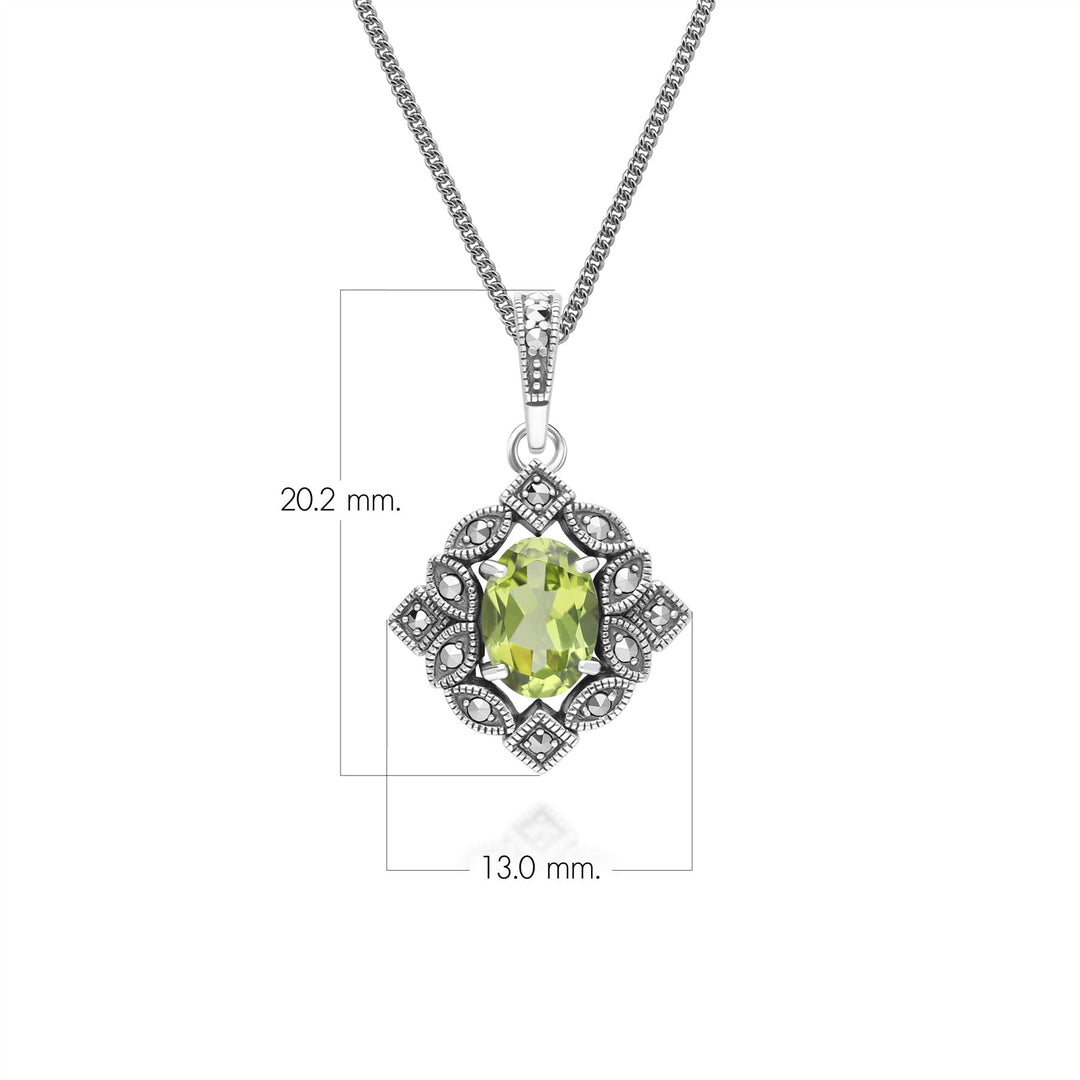 Collar con colgante ovalado de peridoto y marcasita estilo art déco en plata de ley.