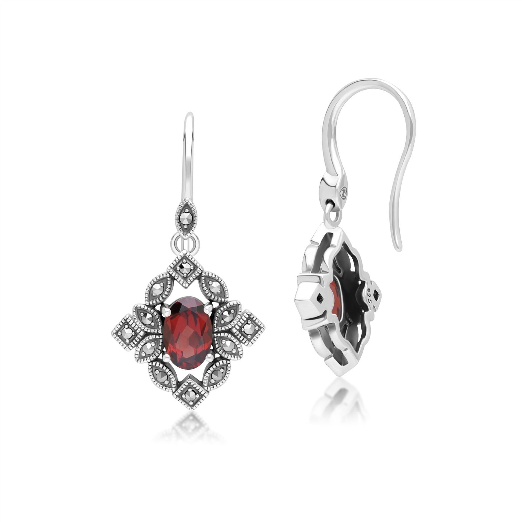 Art Deco Style Oval Garnet & Marcasite Drop Earrings in Sterling Silver
