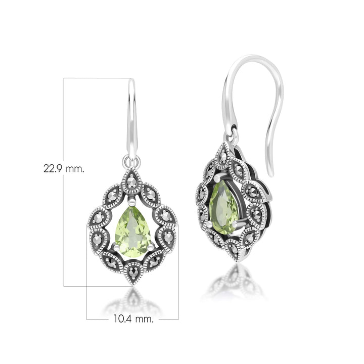 Pendientes colgantes de peridoto y marcasita estilo Art Déco en plata de ley.
