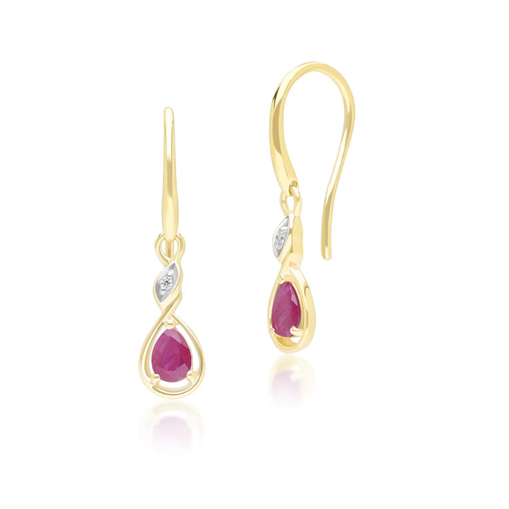 Pendientes colgantes clásicos de rubí y diamantes en forma de pera en oro amarillo de 9 quilates