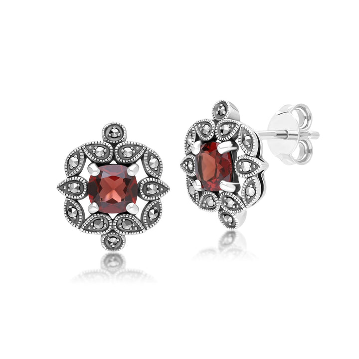 Pendientes estilo Art Déco con granate y marcasita en forma de cojín en plata de ley