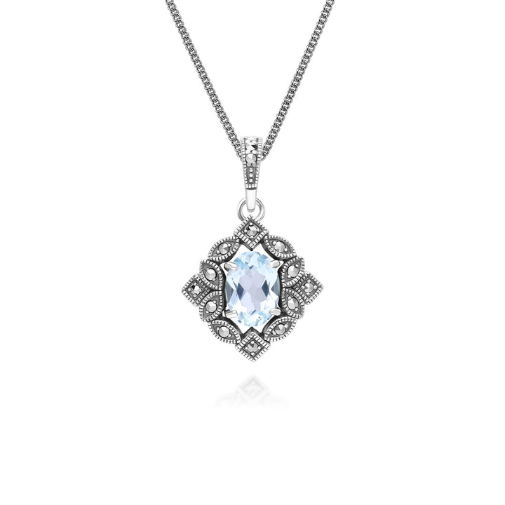 Collar con colgante de topacio azul ovalado y marcasita estilo art déco en plata de ley