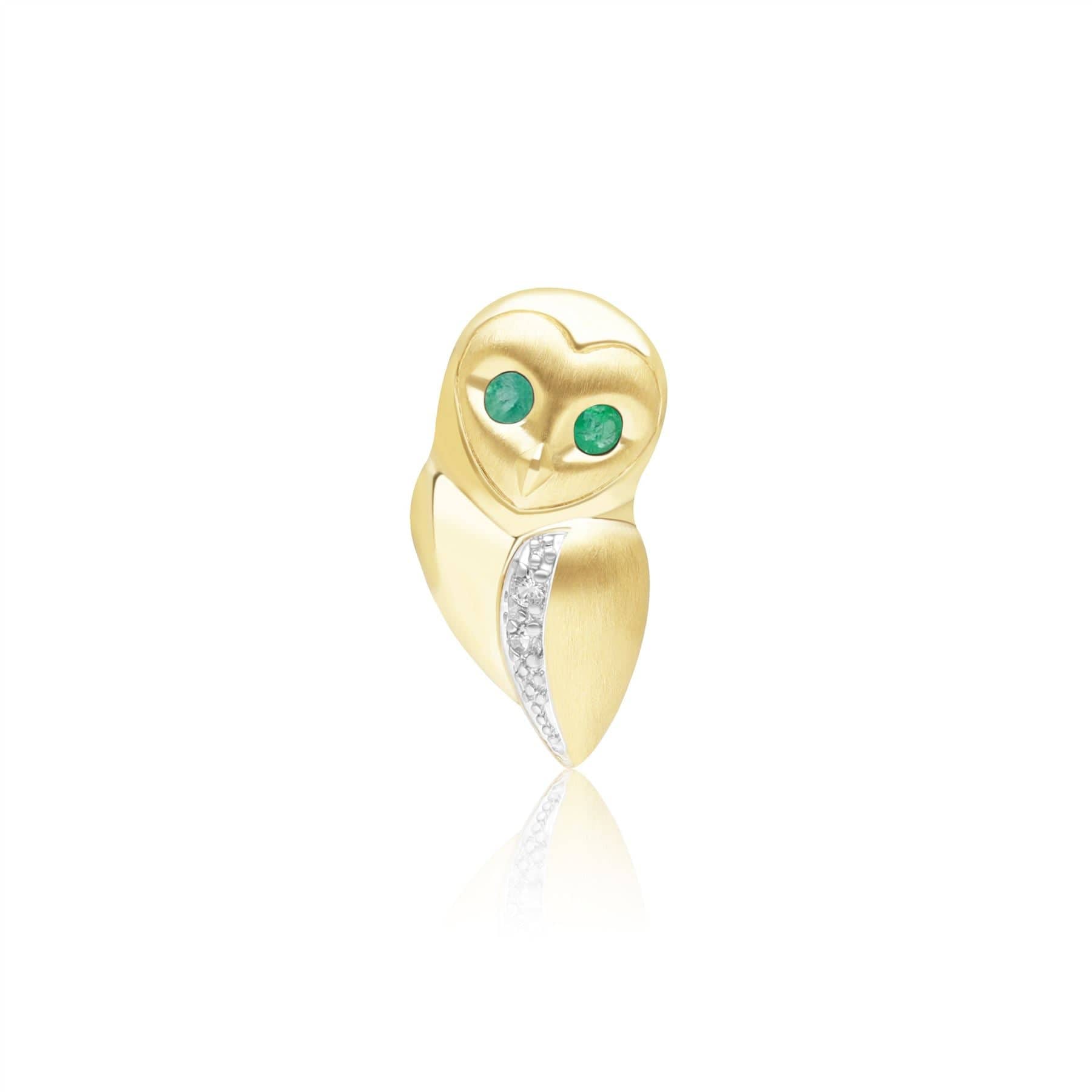 135T0004029 Gardenia Emerald and White Sapphire Owl Pin in 9ct Yellow Gold Front