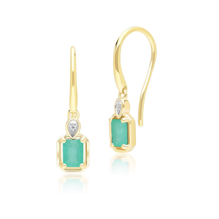 Pendientes colgantes clásicos de esmeralda baguette y diamantes en oro amarillo de 9 quilates