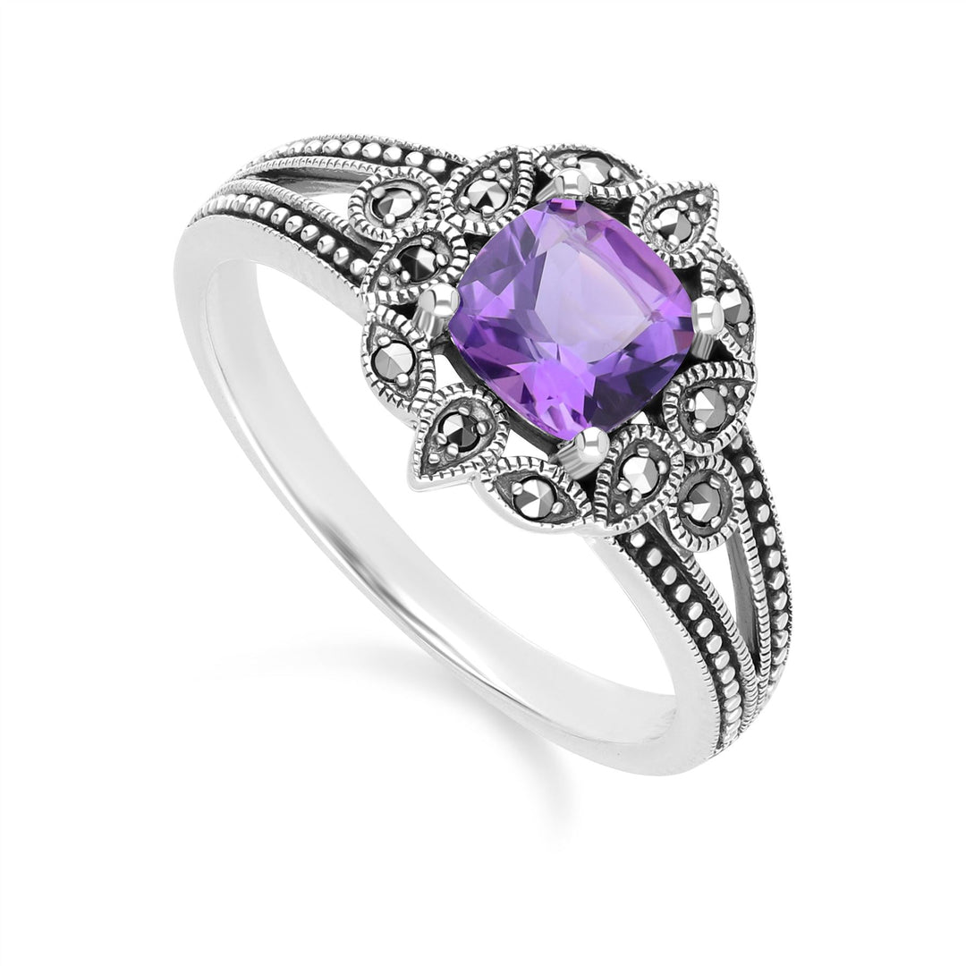 Anillo Art Déco de amatista y marcasita en plata de ley