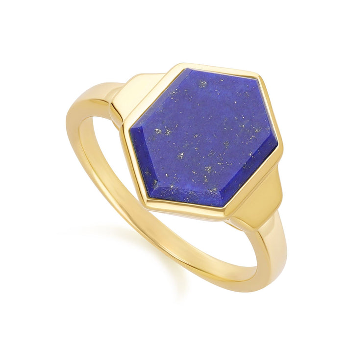 Anillo Grand Deco Hexágono Lapislázuli en Oro Vermeil