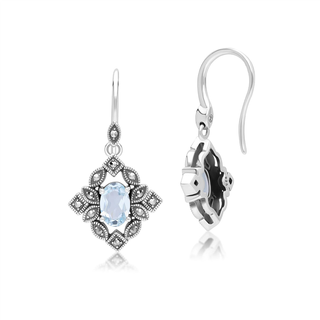 Pendientes colgantes de topacio azul ovalado y marcasita estilo Art Déco en plata de ley