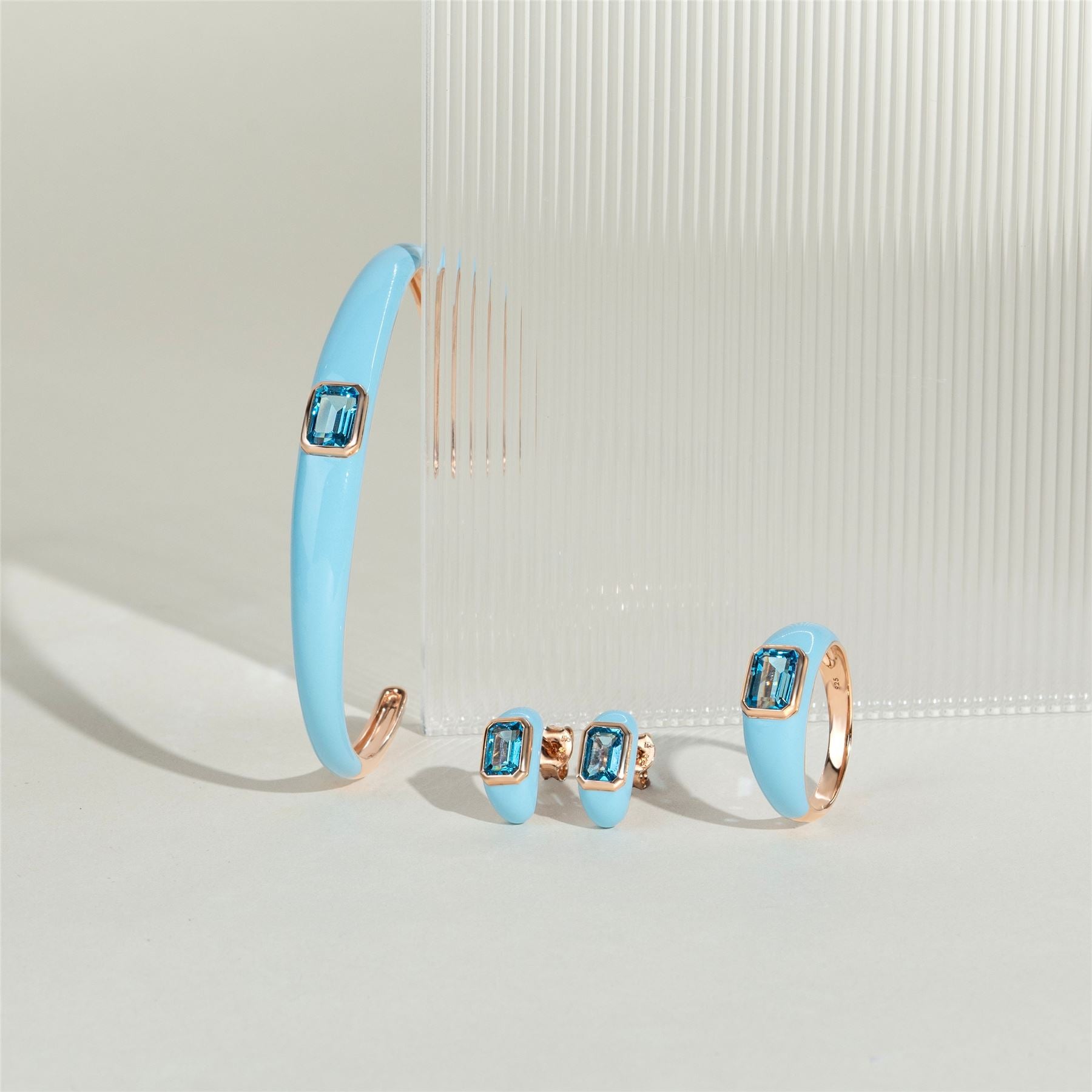 Siberian Waltz Blue Enamel & Octagon Sky Blue Topaz Bangle In Rose Gold Vermeil