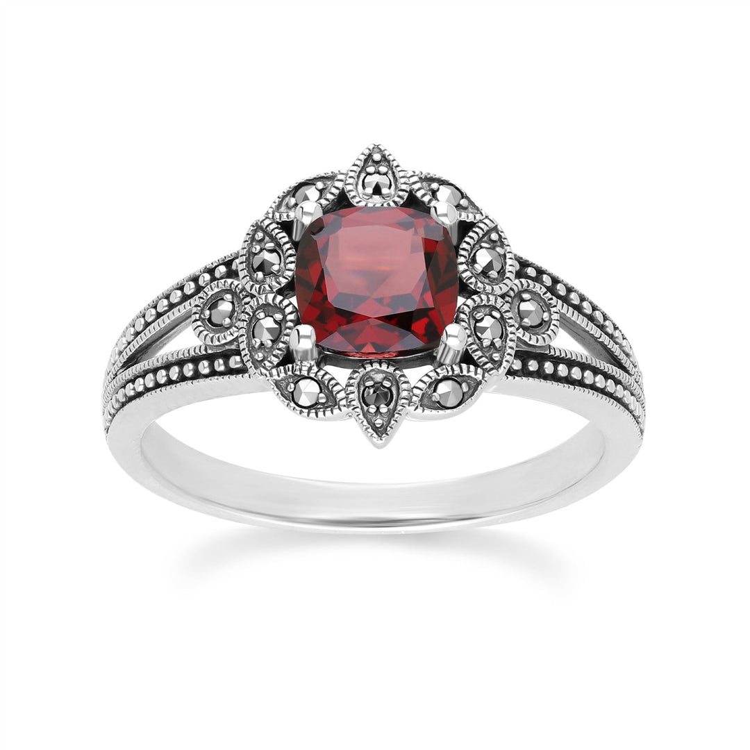 Anillo Art Déco con granate y marcasita en plata de ley
