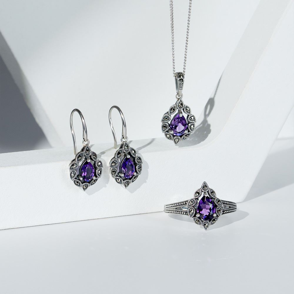 Art Deco Style Pear Amethyst & Marcasite Pendant Necklace in Sterling Silver