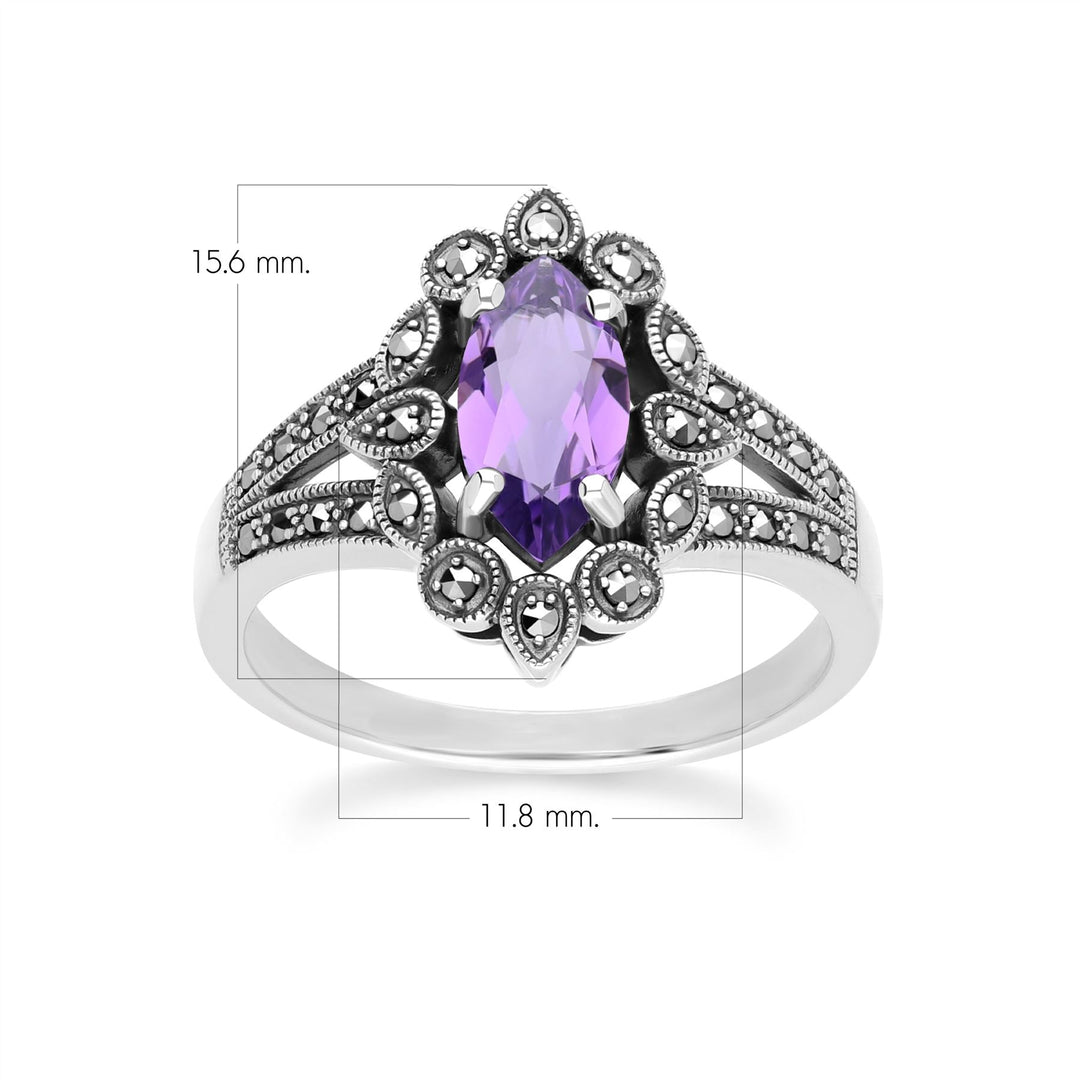 Anillo de amatista y marcasita estilo marquesa en plata de ley estilo art déco