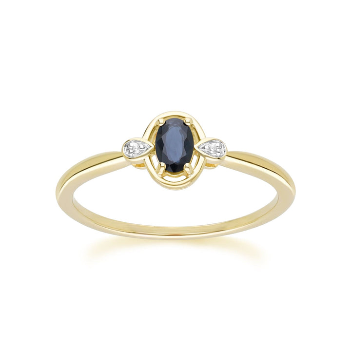 Anillo clásico de oro amarillo de 9 quilates con zafiro ovalado y diamante redondo