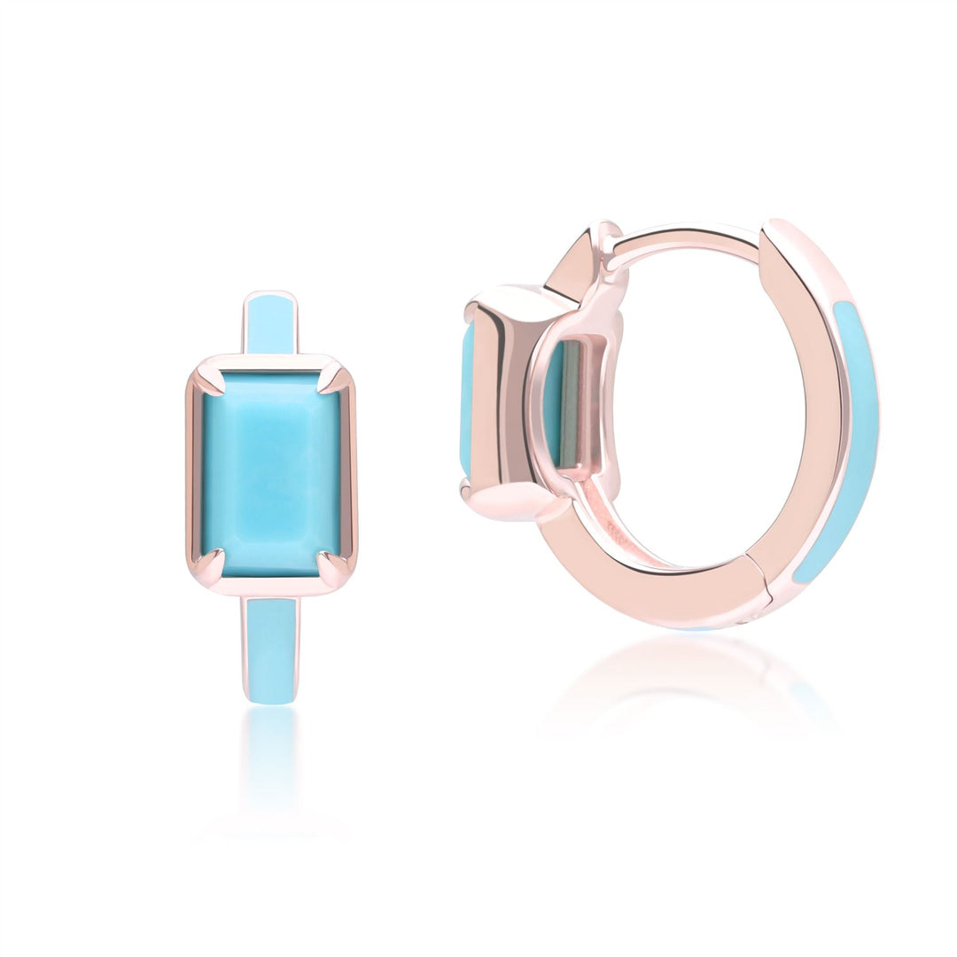 Pendientes de aro con esmalte azul y turquesa octogonal de Vals Siberiano en oro vermeil rosa