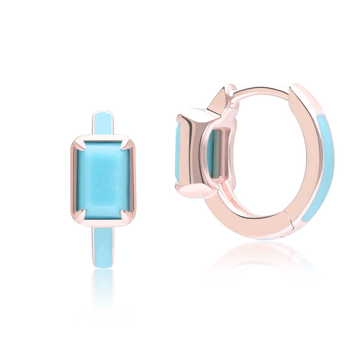 Pendientes de aro con esmalte azul y turquesa octogonal de Vals Siberiano en oro vermeil rosa
