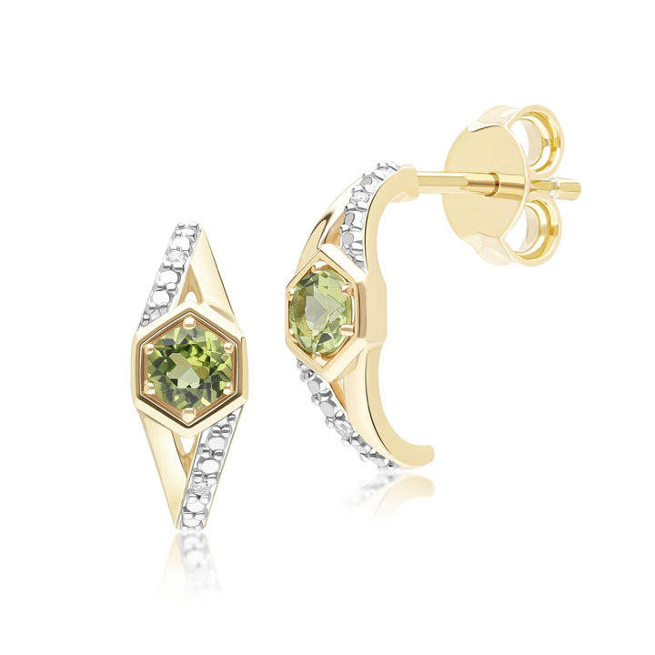 Geometric Hexagon with Prong set Round Peridot and Diamond Half Hoop Earrings in 9ct Yellow Gold