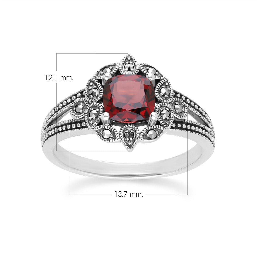 Anillo Art Déco con granate y marcasita en plata de ley
