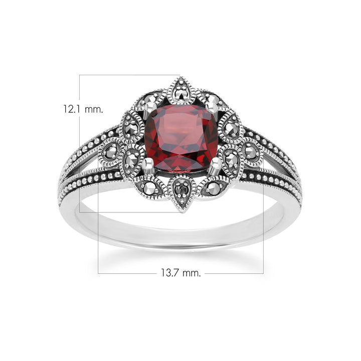 Anillo Art Déco con granate y marcasita en plata de ley