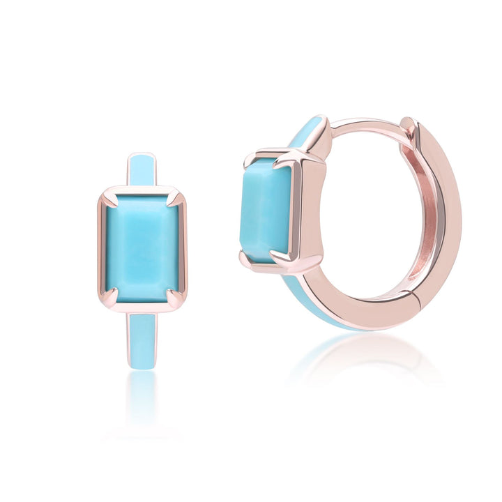 Pendientes de aro con esmalte azul y turquesa octogonal de Vals Siberiano en oro vermeil rosa