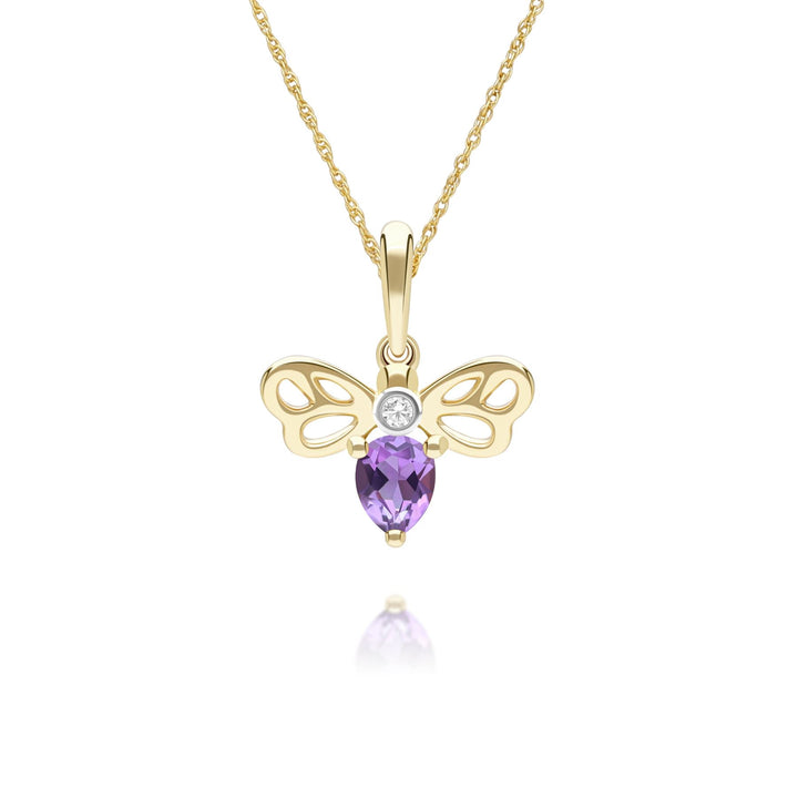 Honeycomb Art Nouveau Pear Shape Amethyst and Diamond Bee Pendant Necklace in 9ct Yellow Gold
