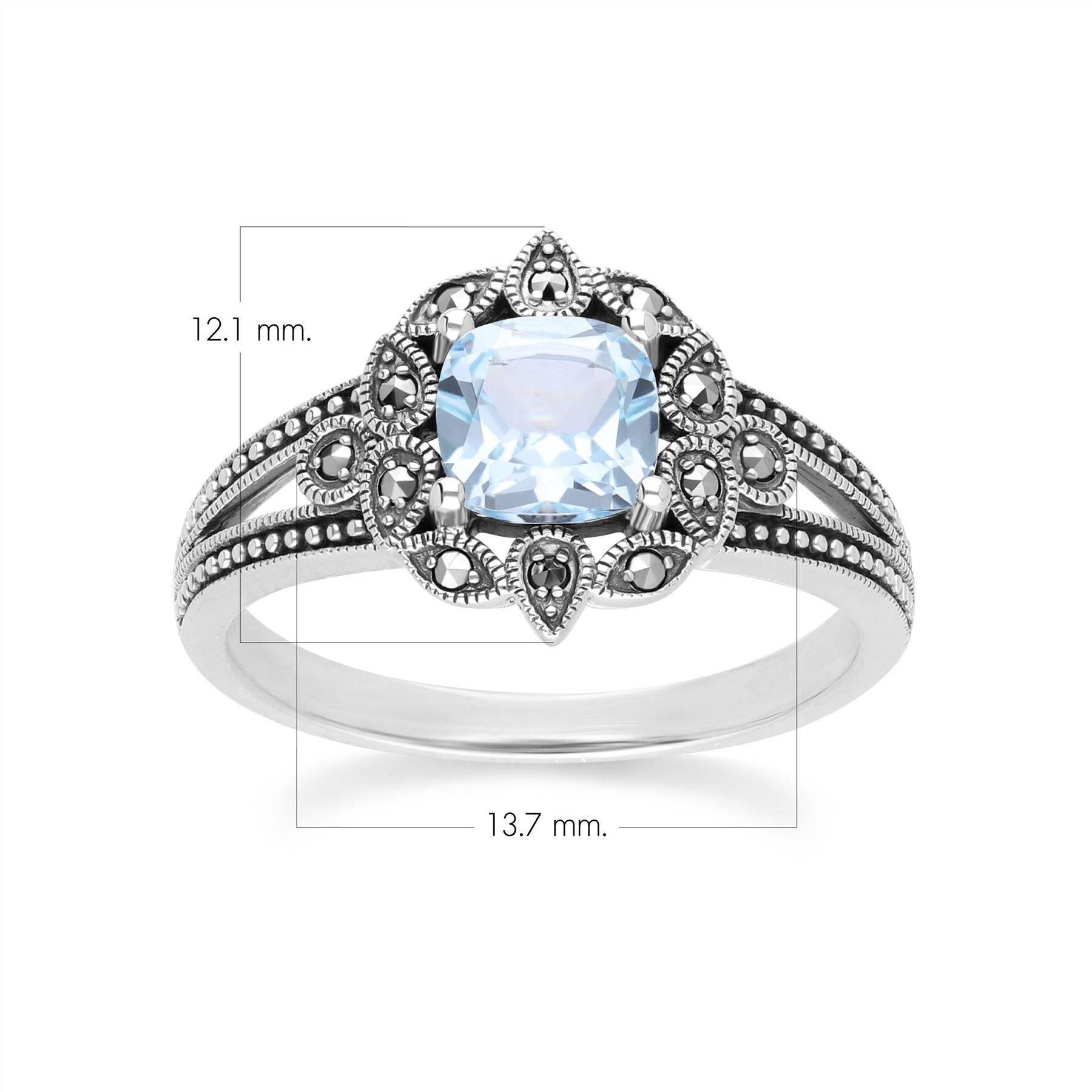 Art Deco Style Cushion Blue Topaz & Marcasite Ring in Sterling Silver