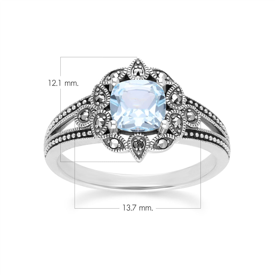 Anillo Art Déco con topacio azul y marcasita en plata de ley