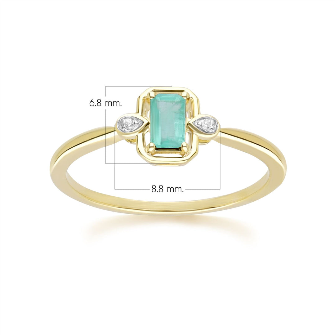 Anillo clásico de esmeralda baguette y diamantes en oro amarillo de 9 quilates