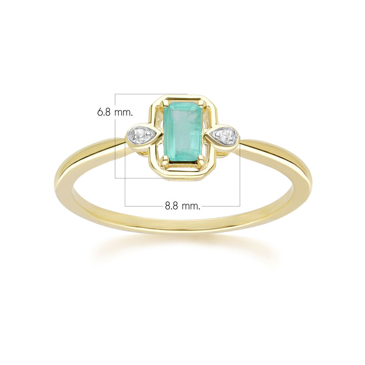 Anillo clásico de esmeralda baguette y diamantes en oro amarillo de 9 quilates