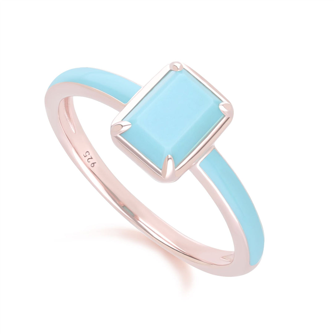 Anillo de esmalte azul y turquesa octogonal de Vals Siberiano en oro vermeil rosa