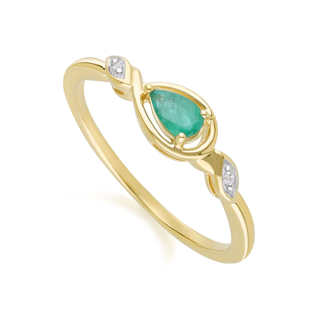 Anillo clásico de pera con esmeralda y diamantes en oro amarillo de 9 quilates