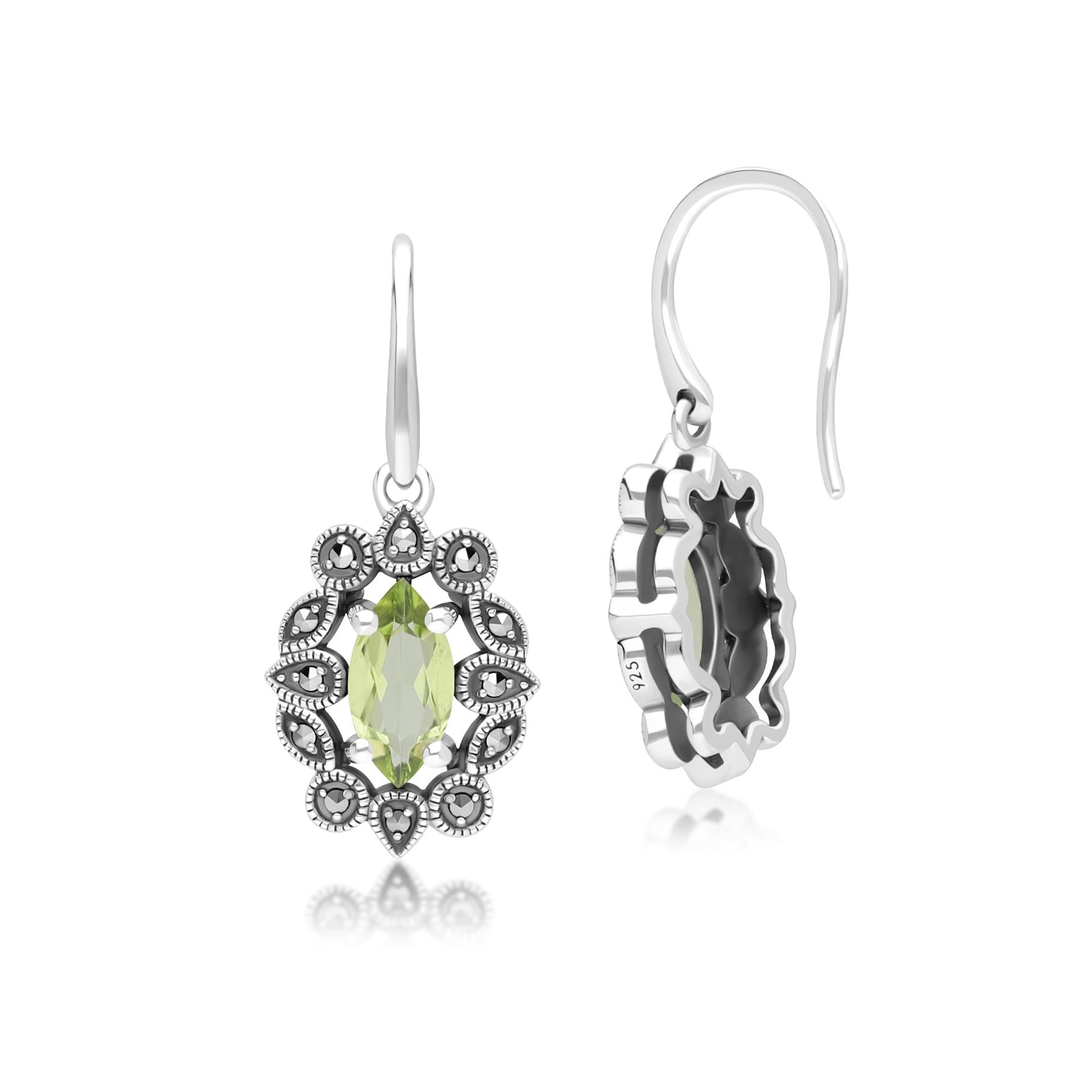 Art Deco Style Marquise Peridot & Marcasite Drop Earrings in Sterling Silver