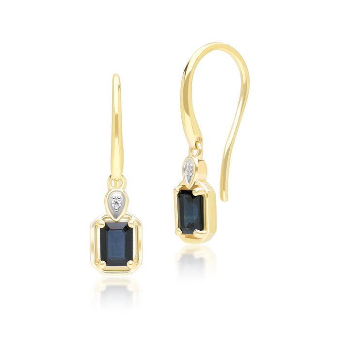 Pendientes colgantes clásicos de zafiro baguette y diamantes en oro amarillo de 9 quilates