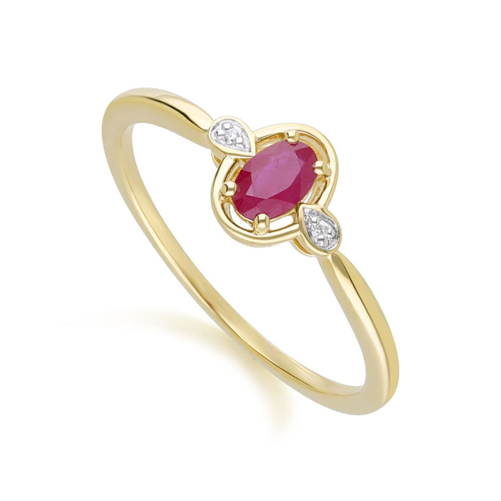 Anillo clásico de rubí ovalado y diamante redondo en oro amarillo de 9 quilates