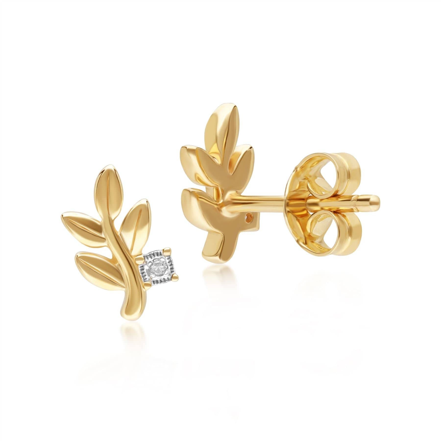 191E0436019 O leaf Diamond Stud Earrings In 9ct Yellow Gold Side