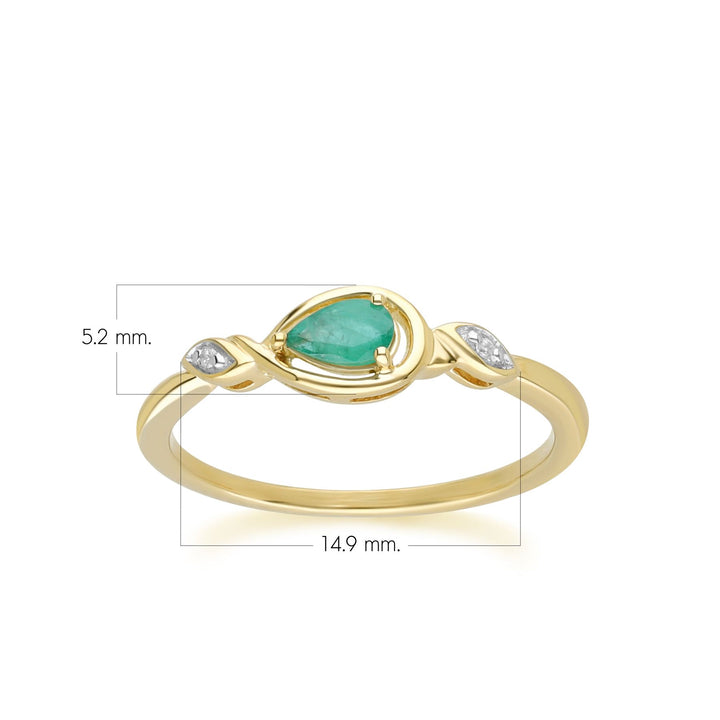 Anillo clásico de pera con esmeralda y diamantes en oro amarillo de 9 quilates