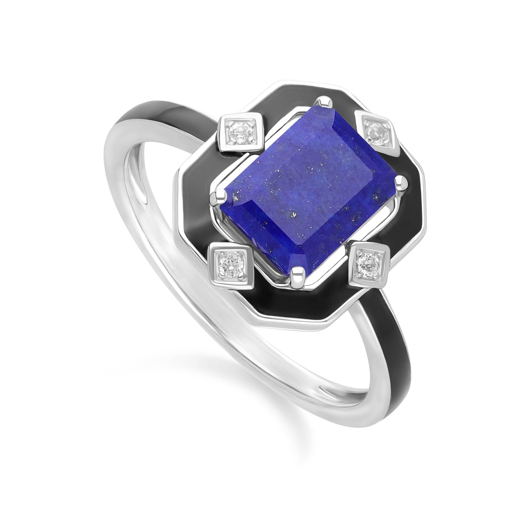 Grand Deco Black Enamel, Lapis Lazuli & Topaz Ring in Sterling Silver