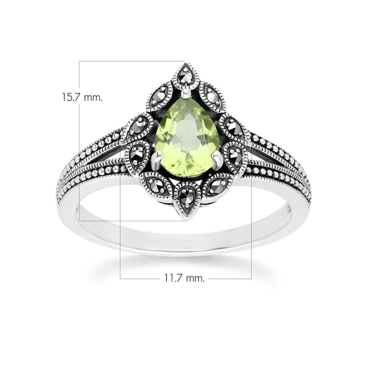 Anillo de peridoto y marcasita estilo Art Déco en plata de ley.