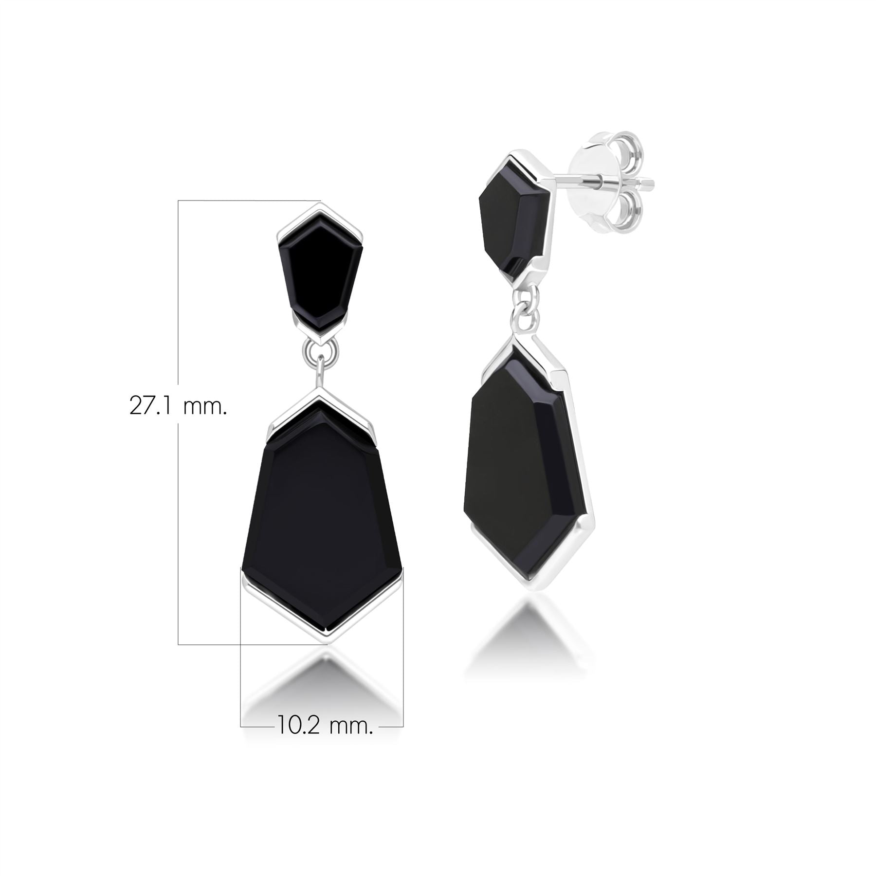 Grand Deco Hexagon Black Onyx Drop Earrings in Sterling Silver