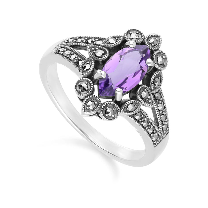 Anillo de amatista y marcasita estilo marquesa en plata de ley estilo art déco