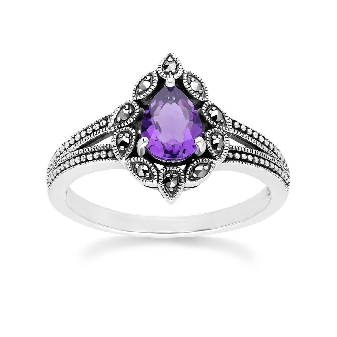 Anillo de amatista y marcasita estilo Art Déco en plata de ley.