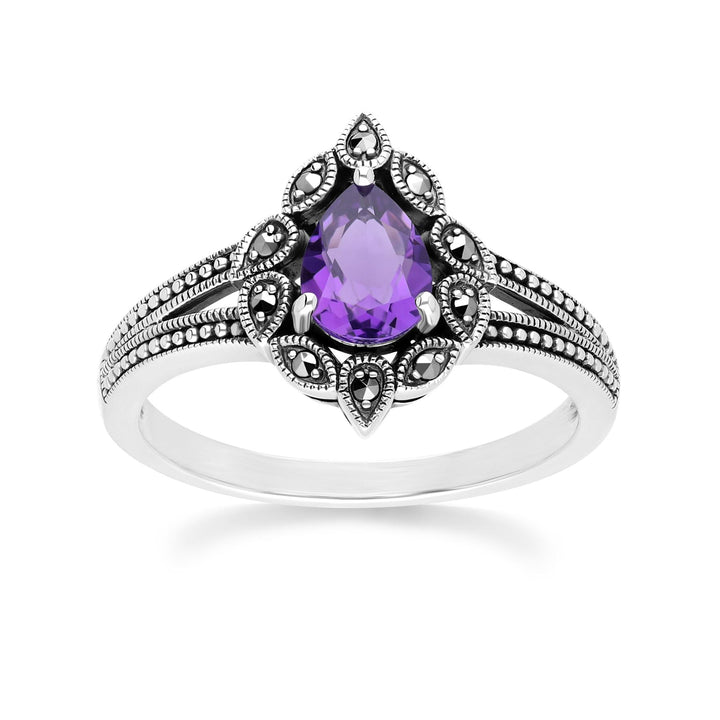 Anillo de amatista y marcasita estilo Art Déco en plata de ley.